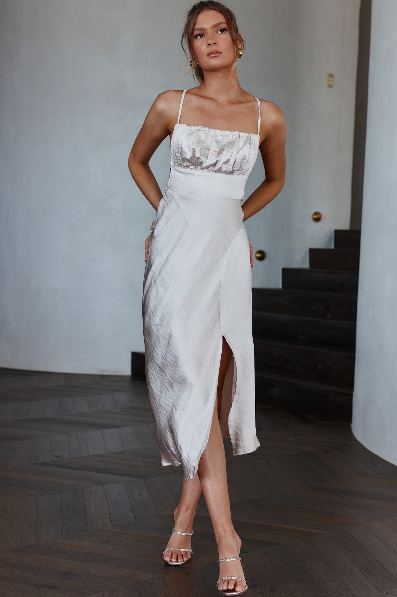 Lakoda Gathered Bust Bow Tie Back Midi Dress Champagne by Selfie Leslie