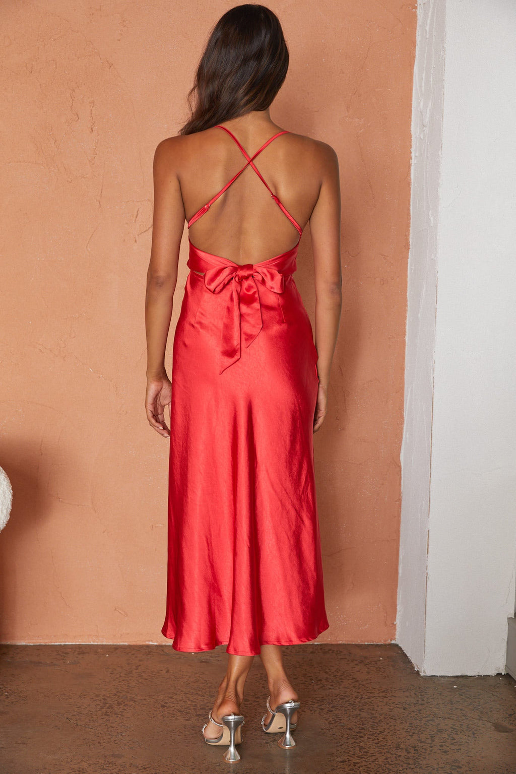 Lakoda Gathered Bust Bow Tie Back Midi Dress Red by Selfie Leslie