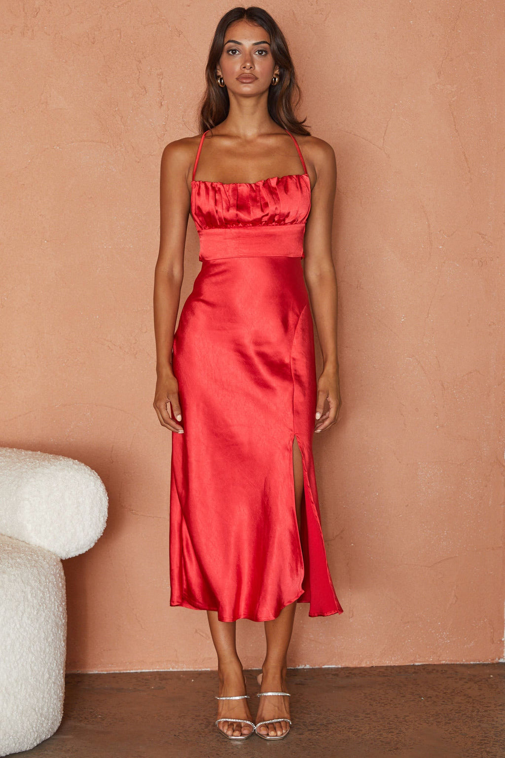 Lakoda Gathered Bust Bow Tie Back Midi Dress Red by Selfie Leslie