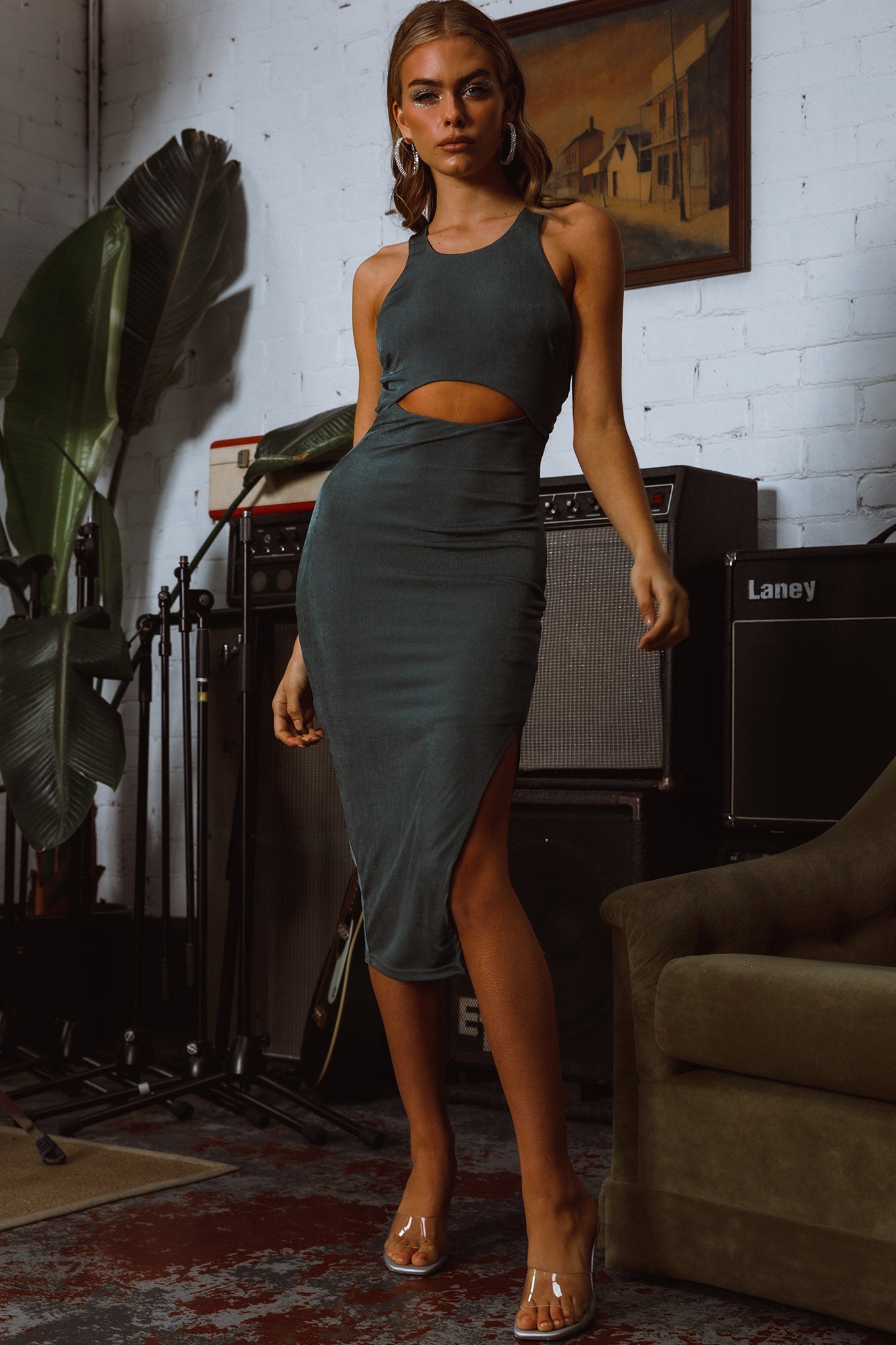 Dominique Cut-Out Twist Midi Dress Olive by Selfie Leslie