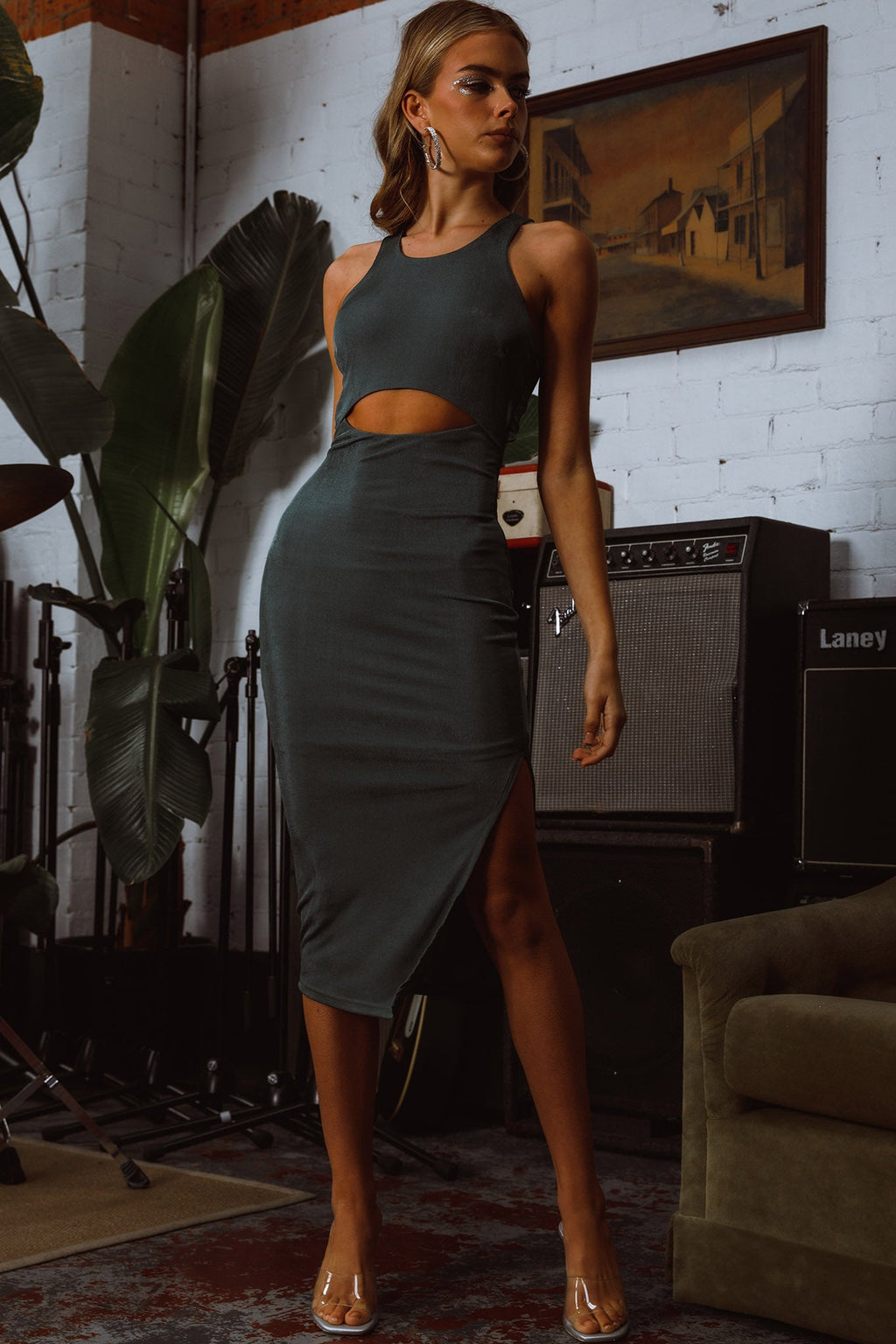 Dominique Cut-Out Twist Midi Dress Olive by Selfie Leslie