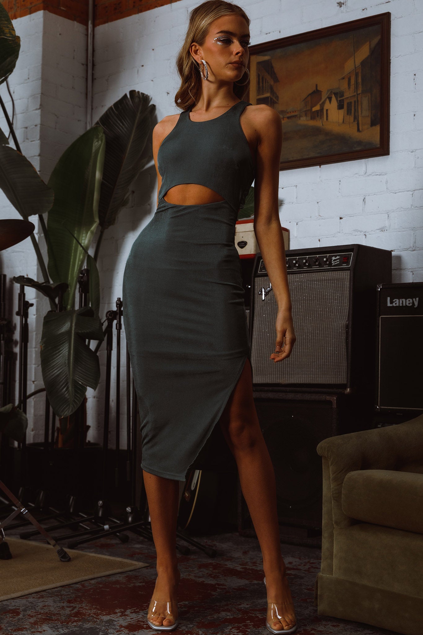 Dominique Cut-Out Twist Midi Dress Olive by Selfie Leslie