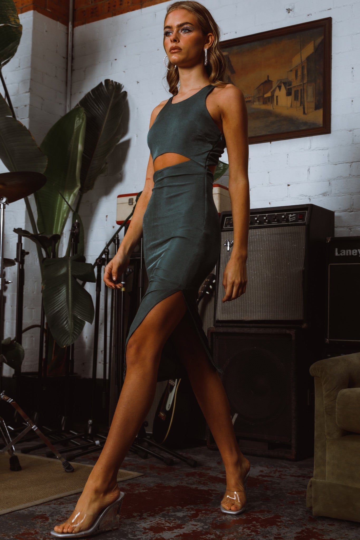 Dominique Cut-Out Twist Midi Dress Olive by Selfie Leslie