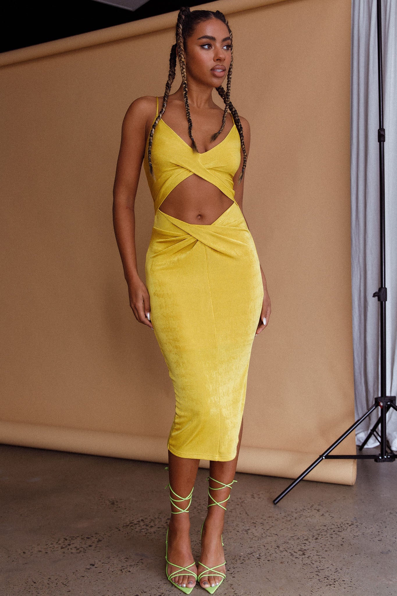 Loving You Cut-Out Waist Midi Dress Yellow by Selfie Leslie