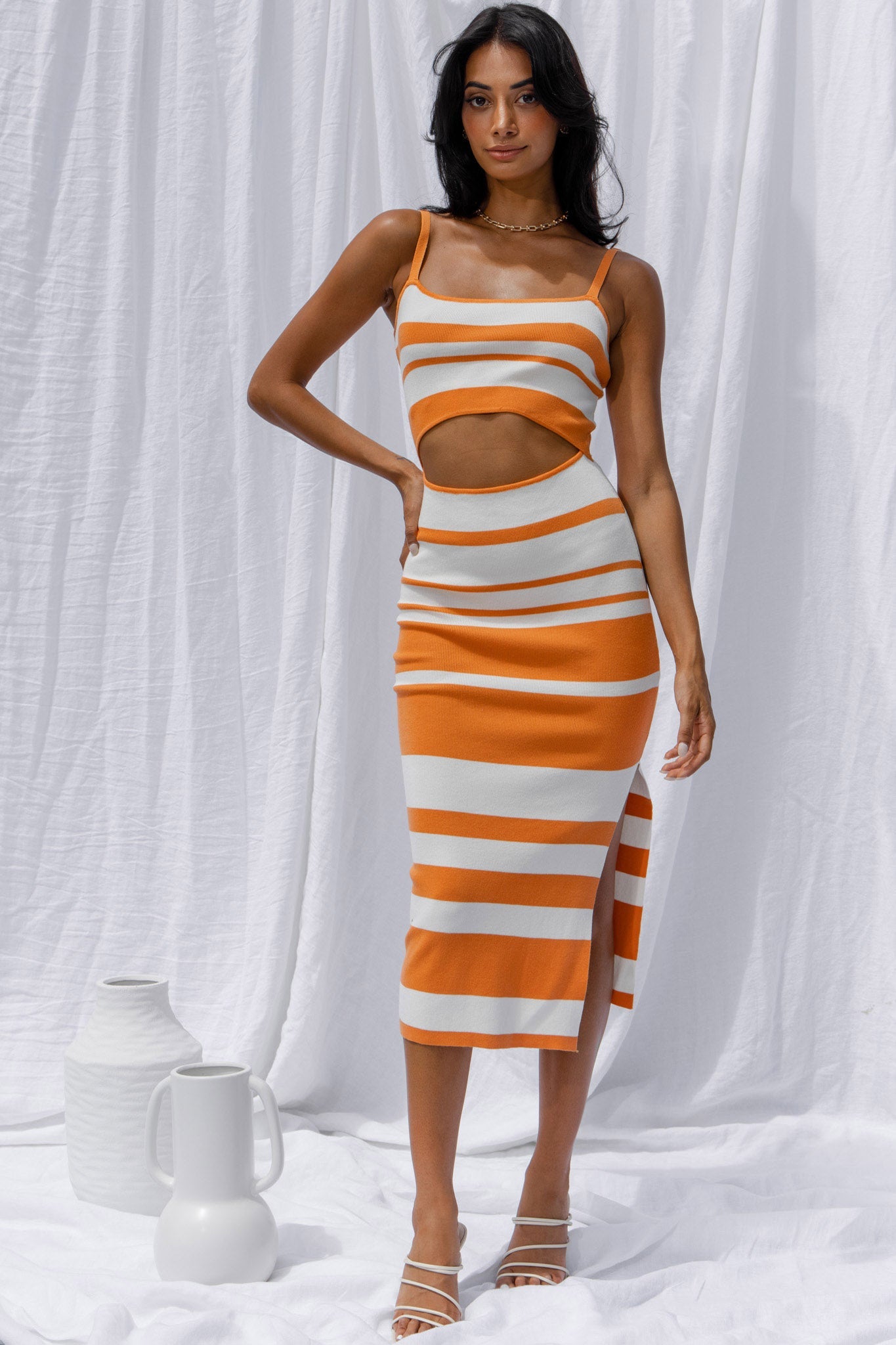 Dayana Cut-Out Waist Side Split Knit Midi Dress Striped Orange by Selfie Leslie