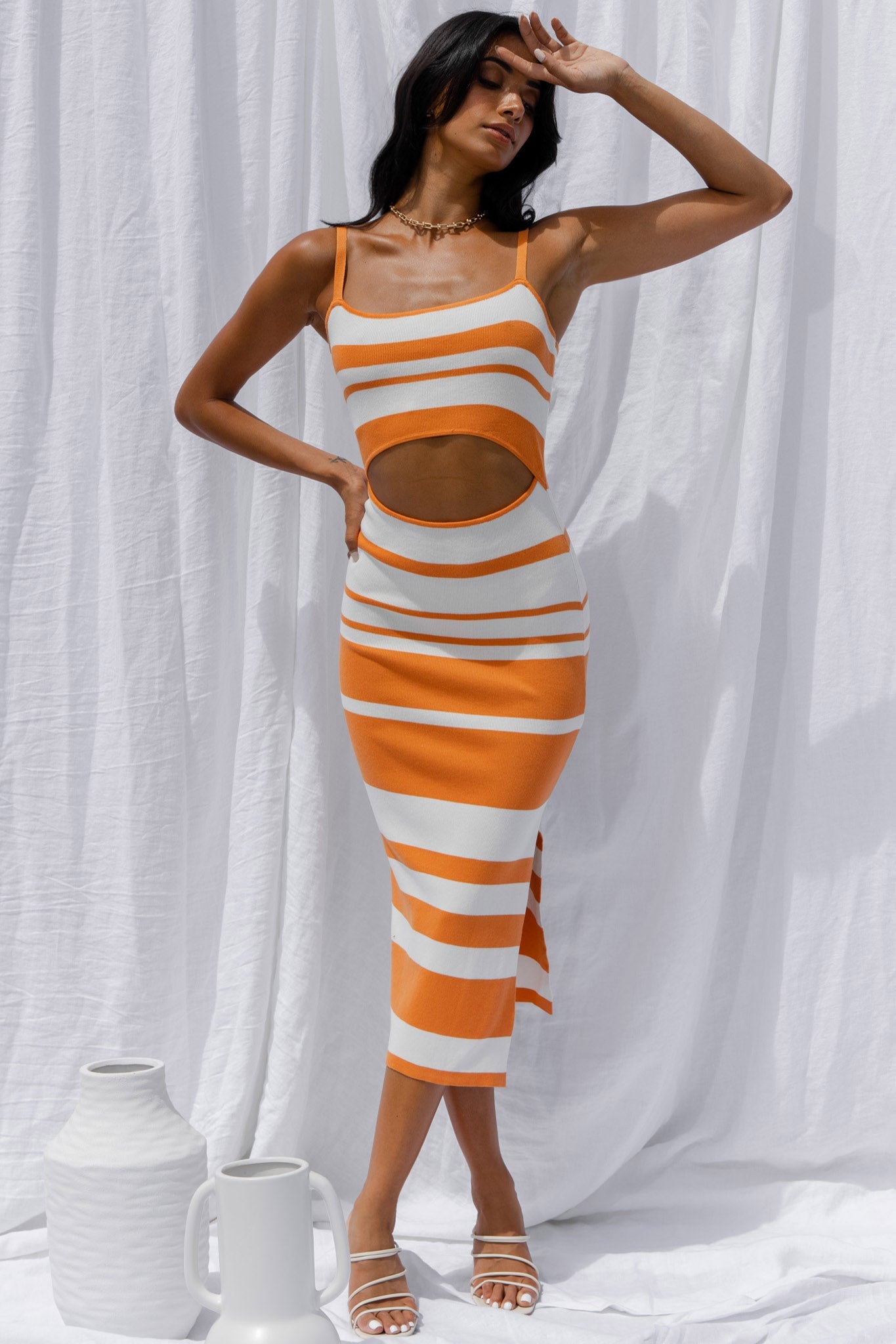 Dayana Cut-Out Waist Side Split Knit Midi Dress Striped Orange by Selfie Leslie