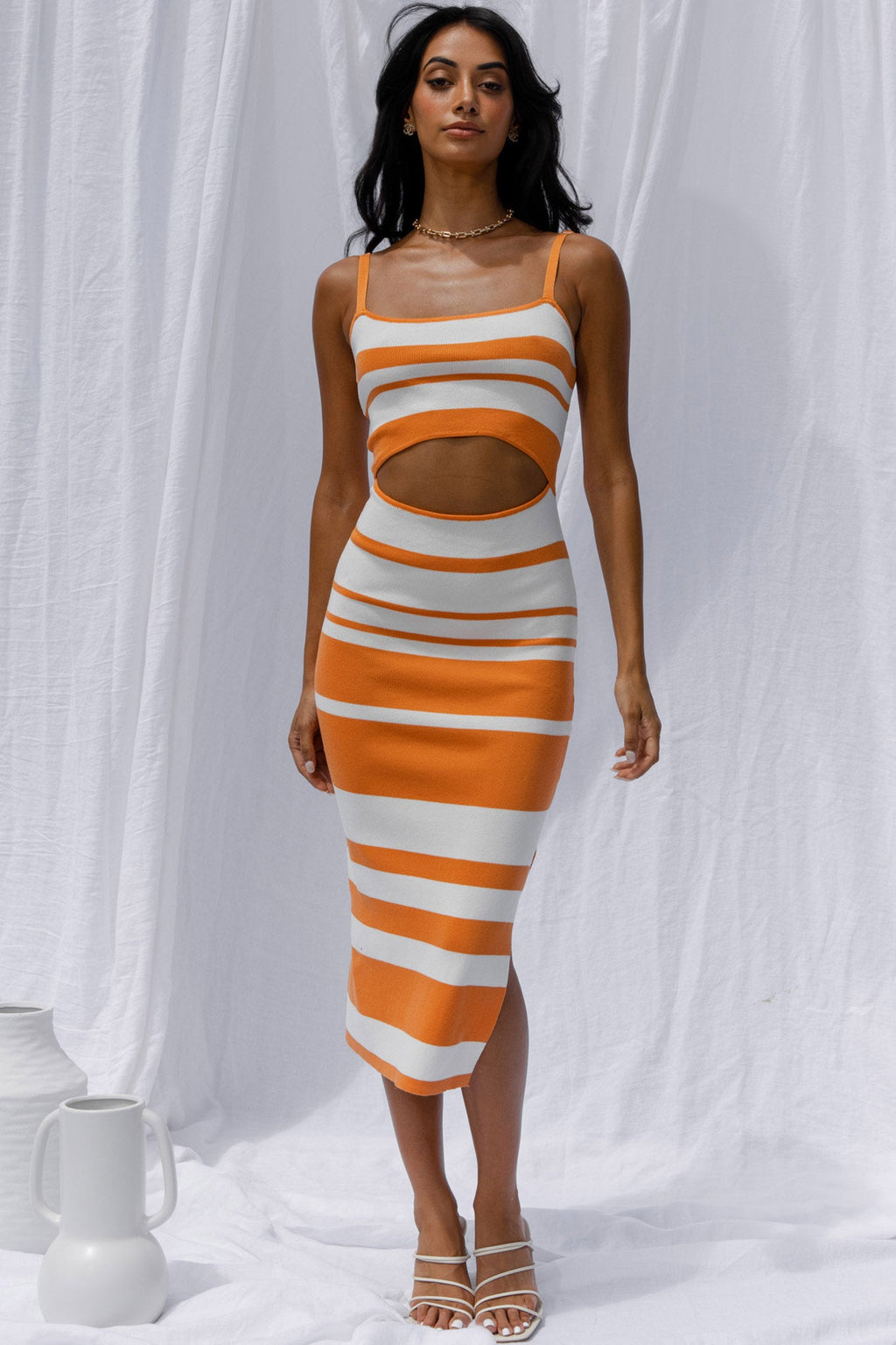Dayana Cut-Out Waist Side Split Knit Midi Dress Striped Orange by Selfie Leslie
