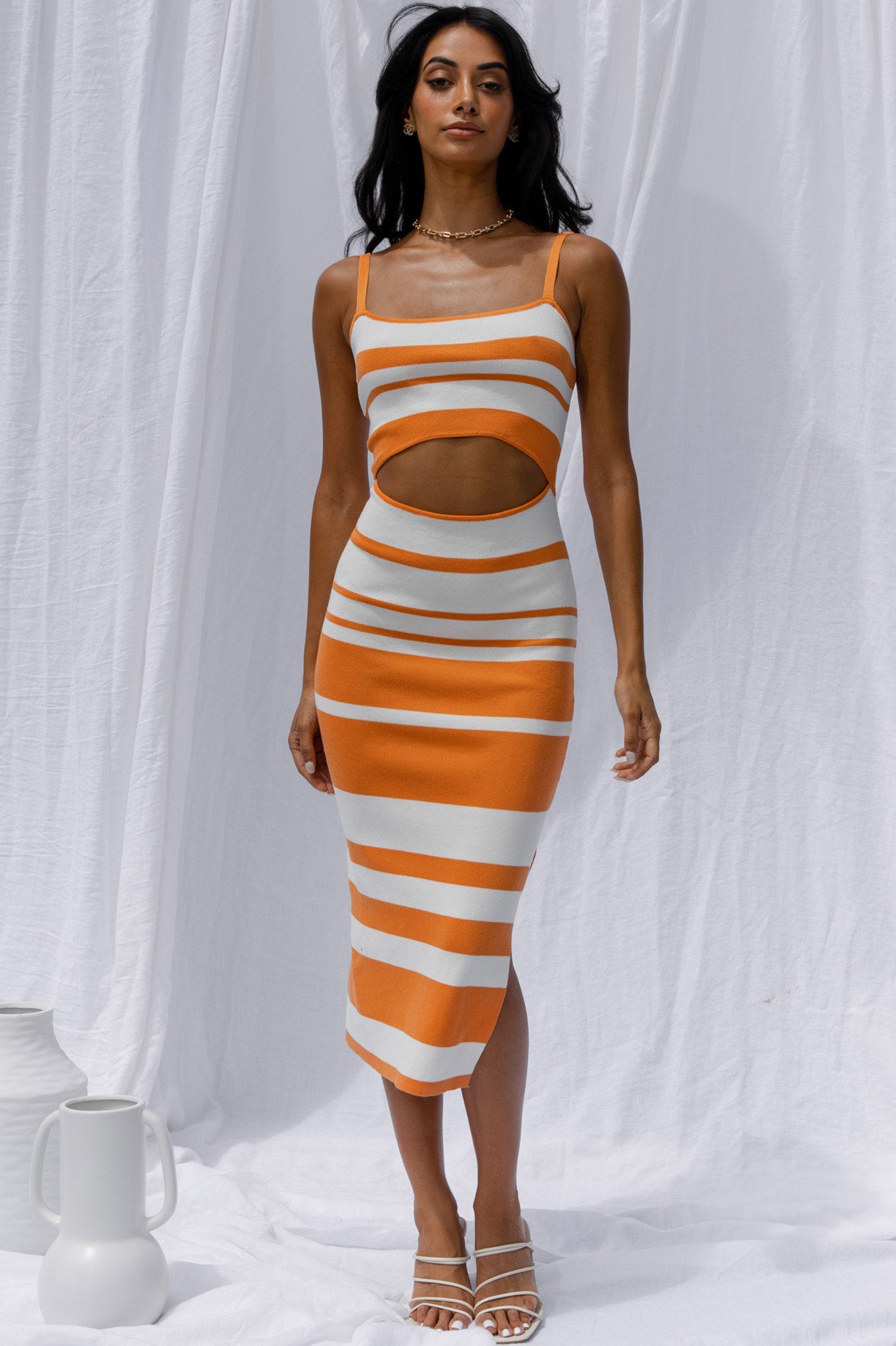 Dayana Cut-Out Waist Side Split Knit Midi Dress Striped Orange by Selfie Leslie