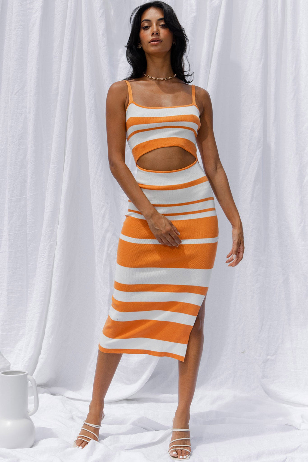 Dayana Cut-Out Waist Side Split Knit Midi Dress Striped Orange by Selfie Leslie