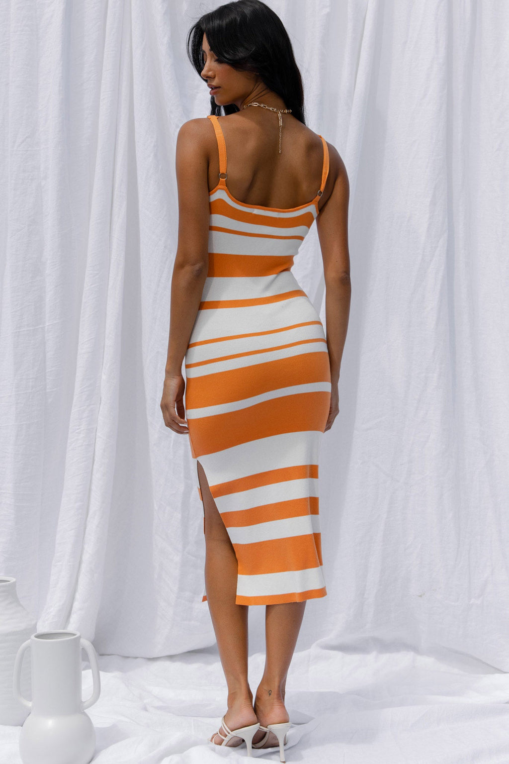 Dayana Cut-Out Waist Side Split Knit Midi Dress Striped Orange by Selfie Leslie