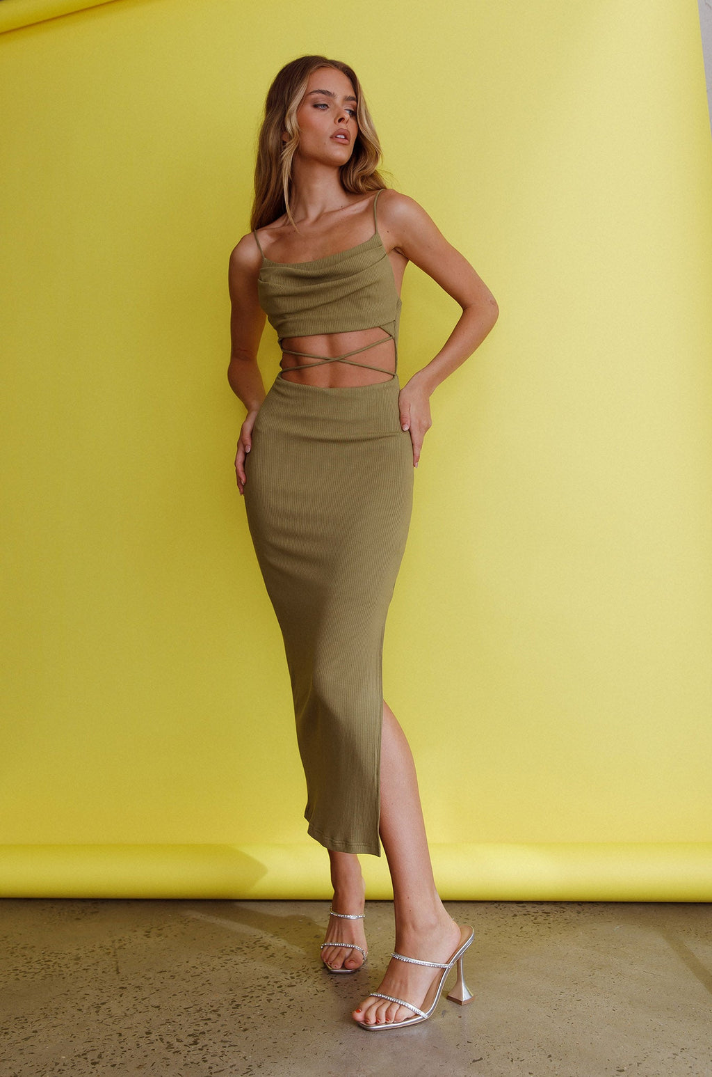 Crazy In Love Cowl Neck Cut-Out Waist Midi Dress Olive by Selfie Leslie