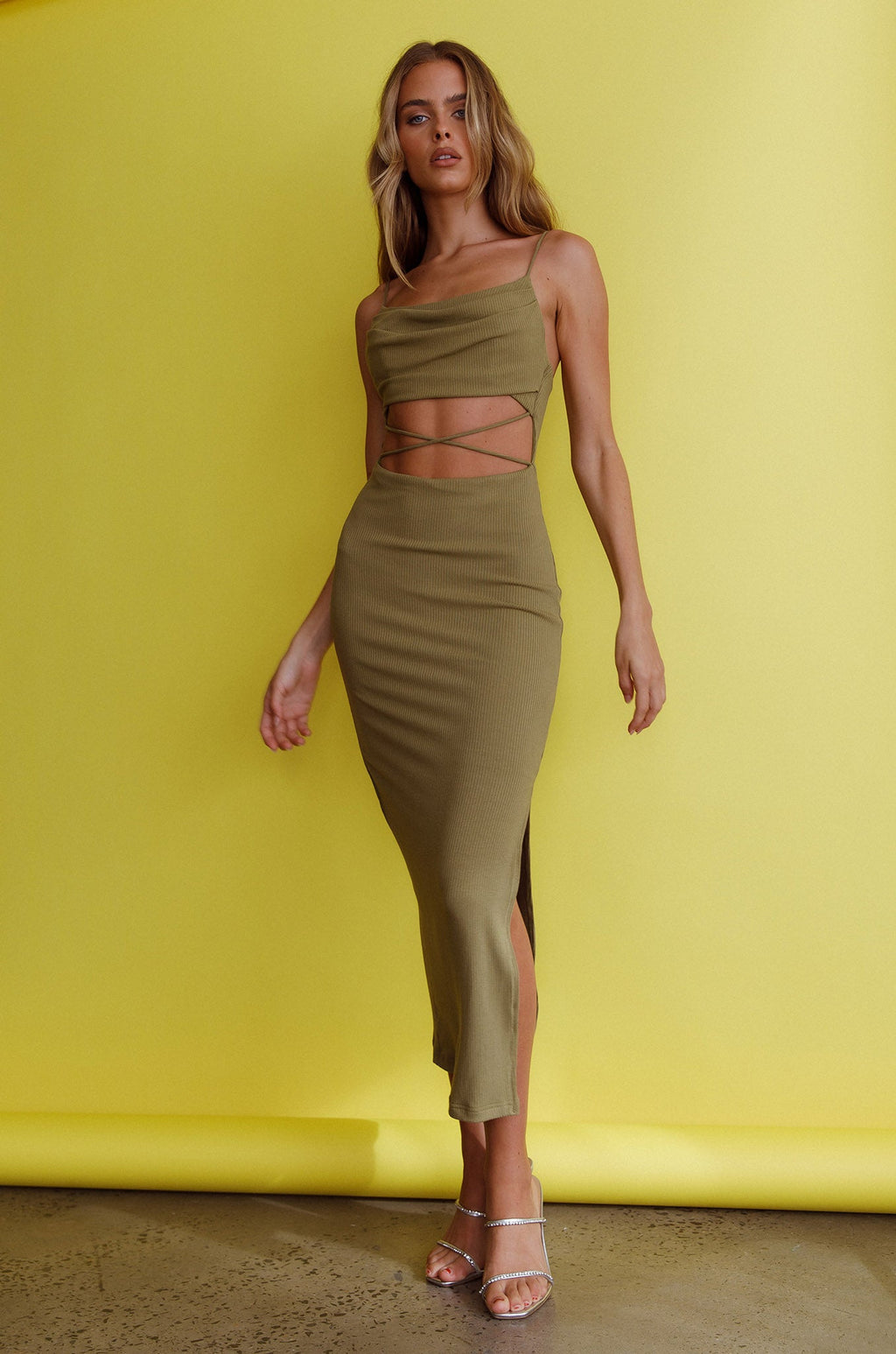 Crazy In Love Cowl Neck Cut-Out Waist Midi Dress Olive by Selfie Leslie