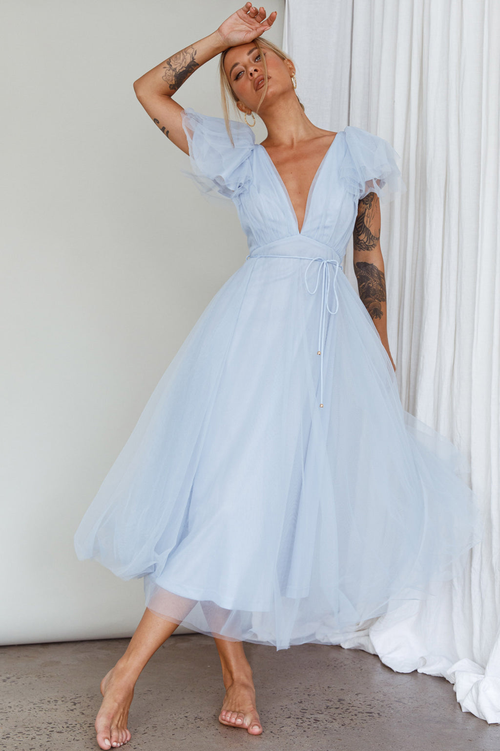 Leap Of Faith Frill Shoulder Tulle Midi Dress Blue by Selfie Leslie Australia