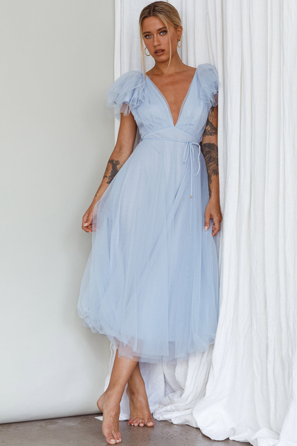 Leap Of Faith Frill Shoulder Tulle Midi Dress Blue by Selfie Leslie Australia