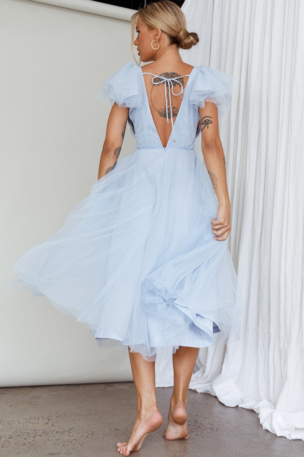 Leap Of Faith Frill Shoulder Tulle Midi Dress Blue by Selfie Leslie Australia