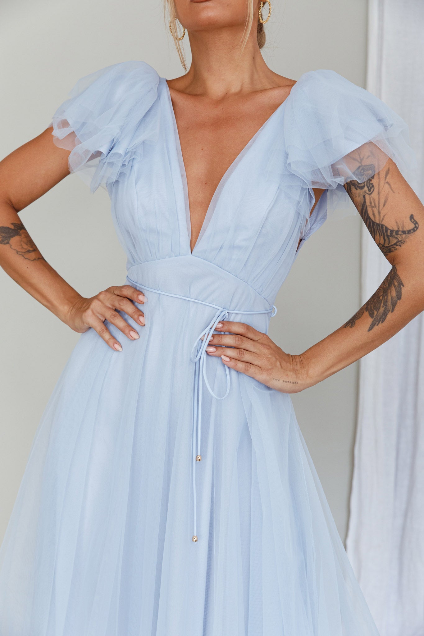 Leap Of Faith Frill Shoulder Tulle Midi Dress Blue by Selfie Leslie Australia