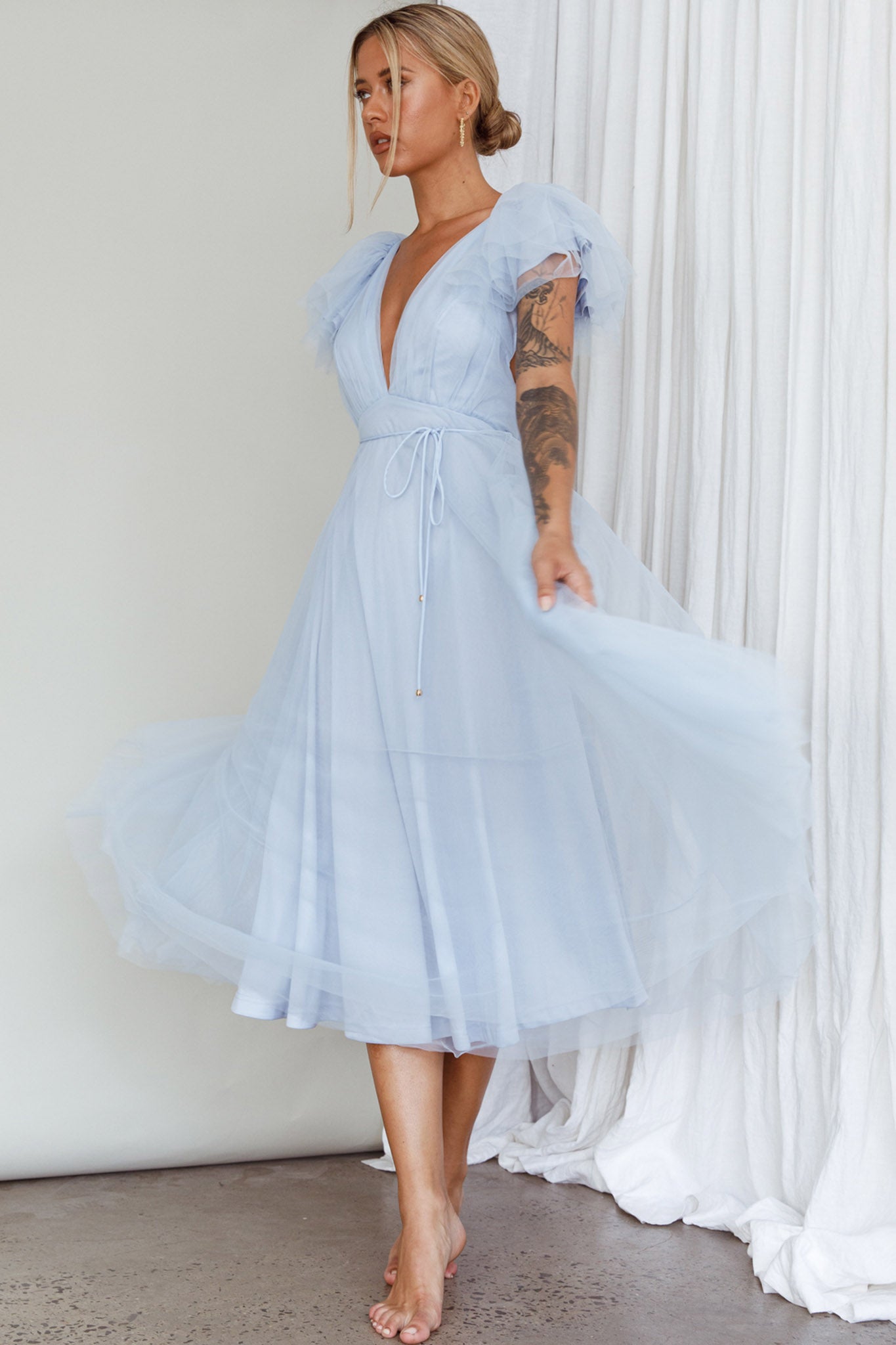 Leap Of Faith Frill Shoulder Tulle Midi Dress Blue by Selfie Leslie Australia