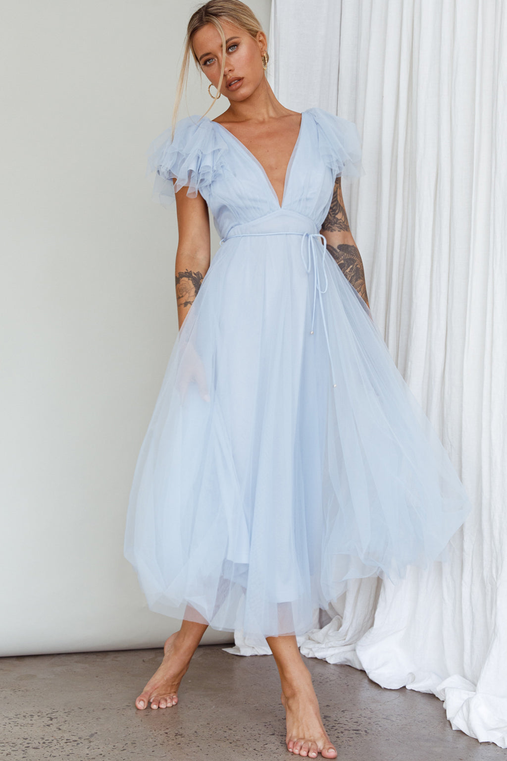 Leap Of Faith Frill Shoulder Tulle Midi Dress Blue by Selfie Leslie Australia