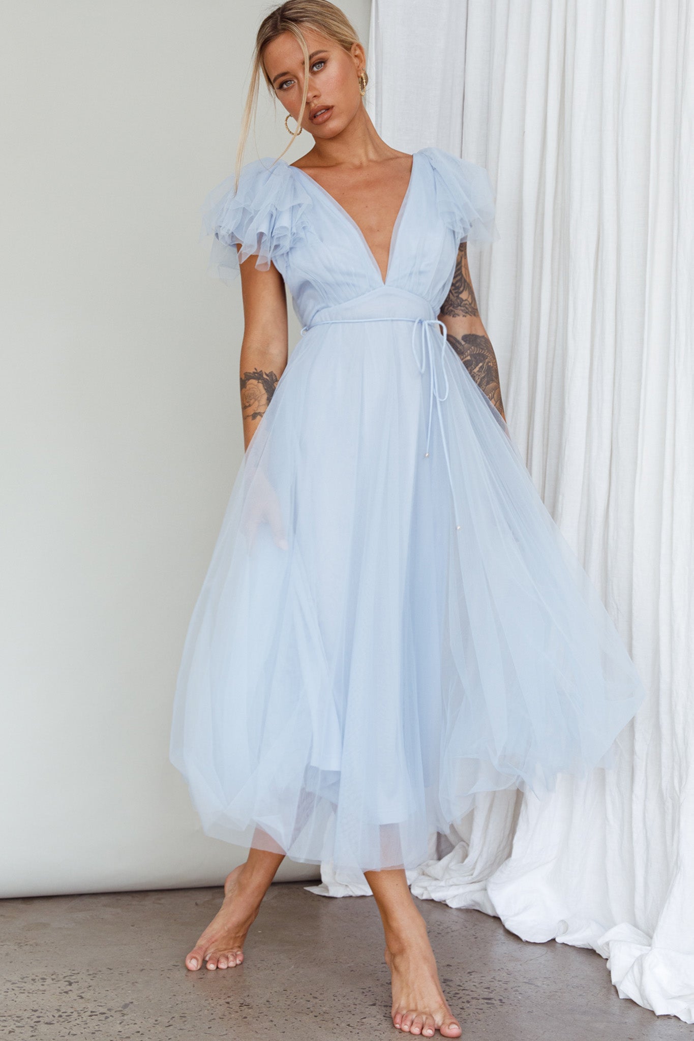 Leap Of Faith Frill Shoulder Tulle Midi Dress Blue by Selfie Leslie Australia