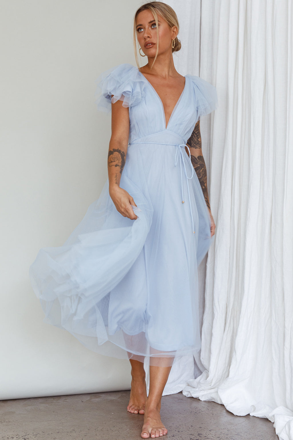 Leap Of Faith Frill Shoulder Tulle Midi Dress Blue by Selfie Leslie Australia
