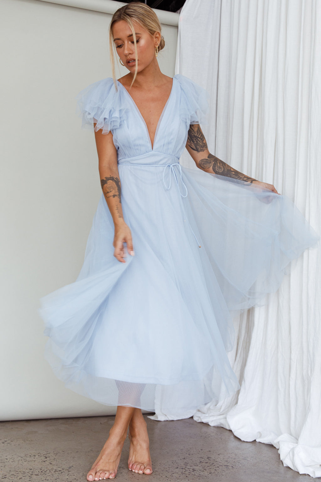 Leap Of Faith Frill Shoulder Tulle Midi Dress Blue by Selfie Leslie Australia