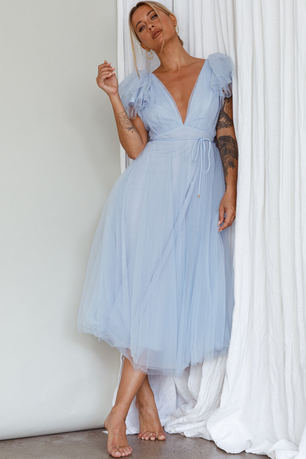 Leap Of Faith Frill Shoulder Tulle Midi Dress Blue by Selfie Leslie Australia