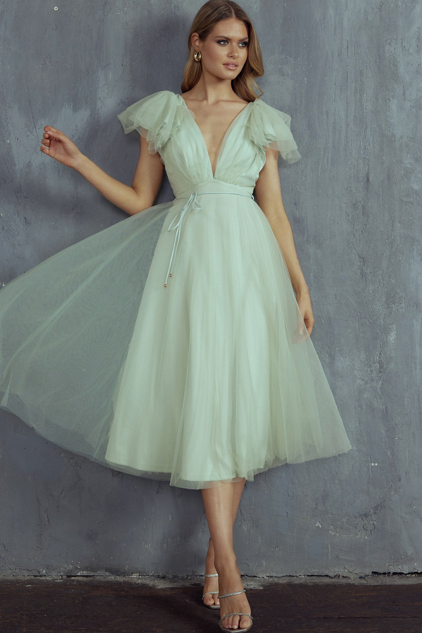 Leap Of Faith Frill Shoulder Tulle Midi Dress Pistachio by Selfie Leslie