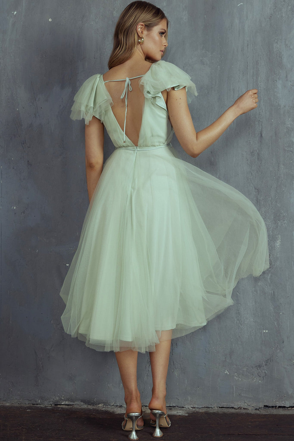 Leap Of Faith Frill Shoulder Tulle Midi Dress Pistachio by Selfie Leslie