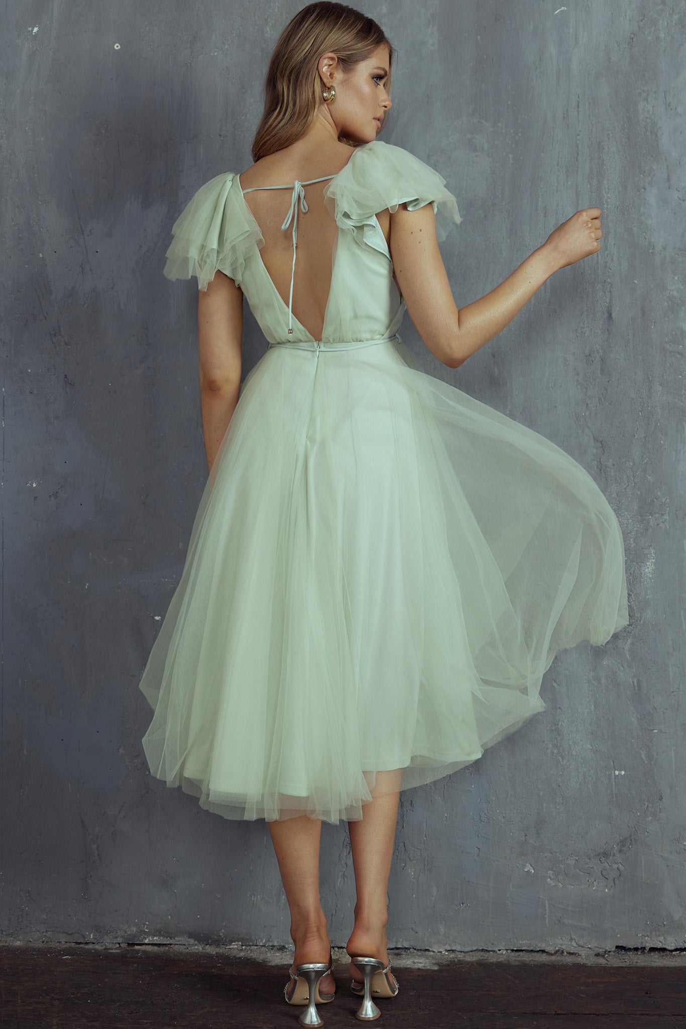 Leap Of Faith Frill Shoulder Tulle Midi Dress Pistachio by Selfie Leslie