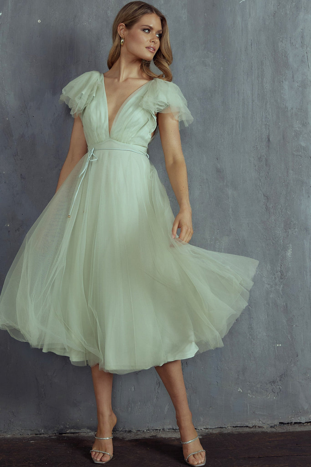 Leap Of Faith Frill Shoulder Tulle Midi Dress Pistachio by Selfie Leslie