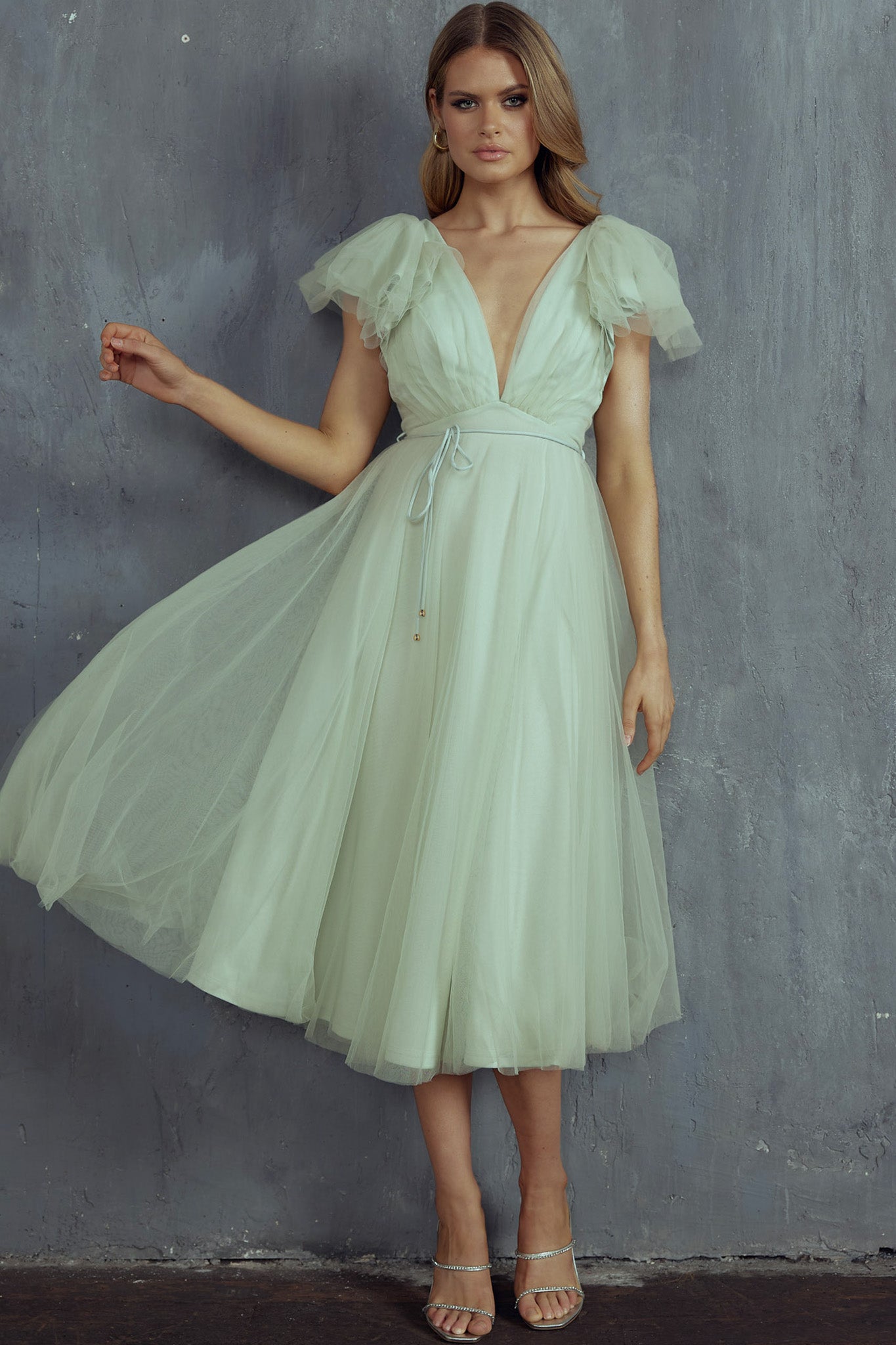Leap Of Faith Frill Shoulder Tulle Midi Dress Pistachio by Selfie Leslie