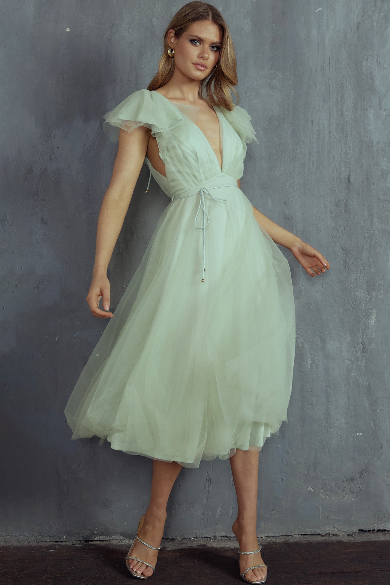 Leap Of Faith Frill Shoulder Tulle Midi Dress Pistachio by Selfie Leslie
