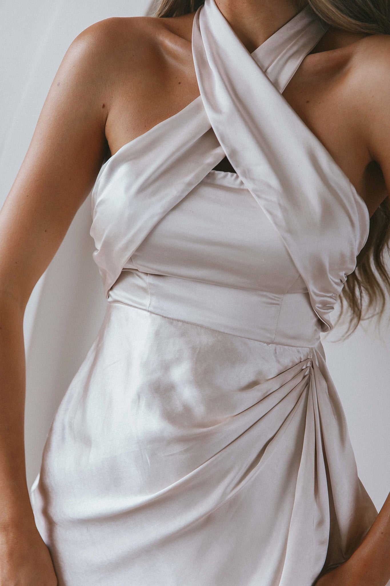 Stars Align Halterneck Satin Dress Champagne by Selfie Leslie