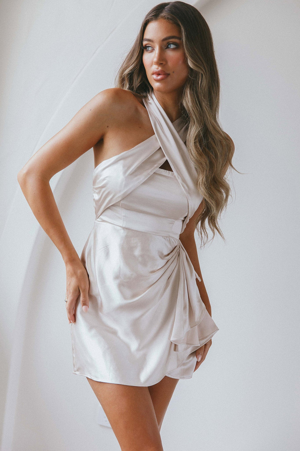 Stars Align Halterneck Satin Dress Champagne by Selfie Leslie