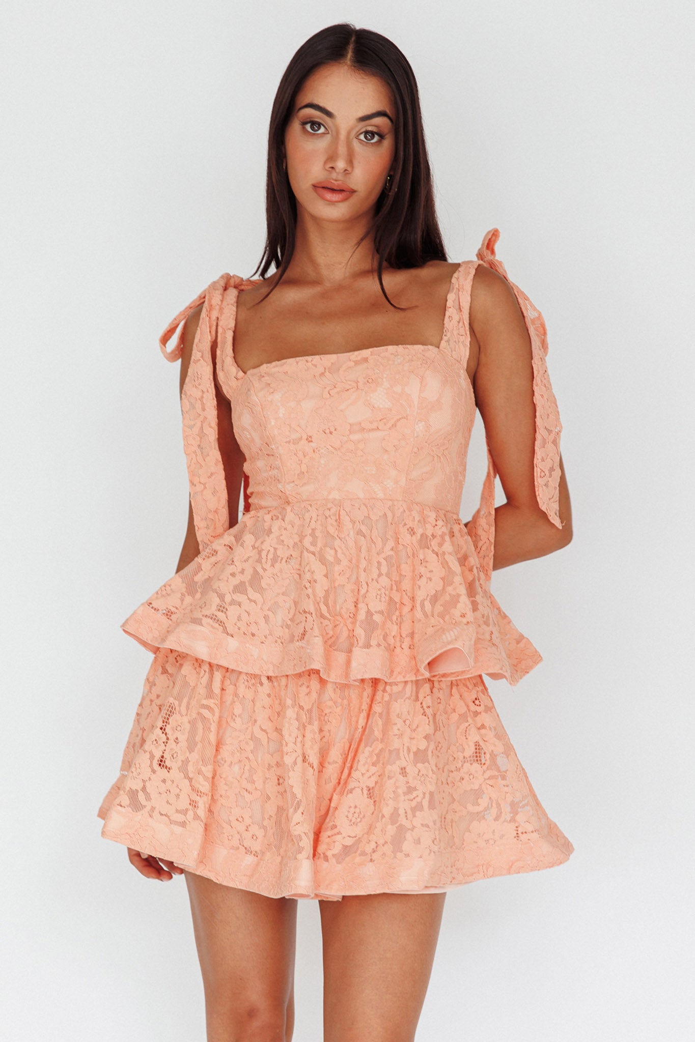 Neriah Tied Shoulder Tiered Lace Mini Dress Orange by Selfie Leslie Australia