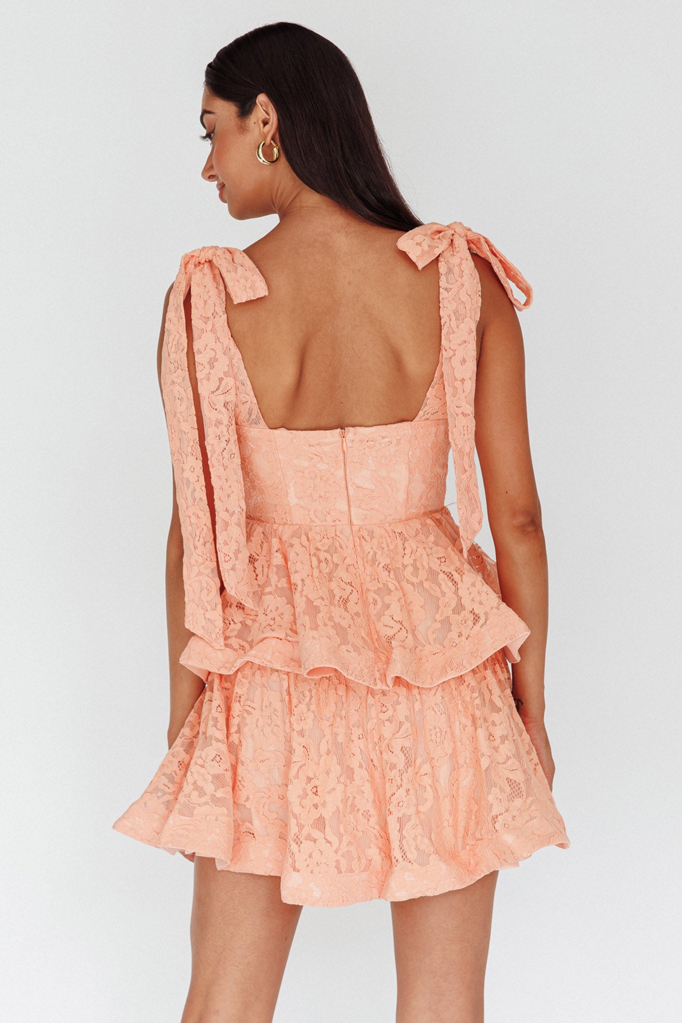 strapless open back dress Neriah Tied Shoulder Tiered Lace Mini Dress Orange