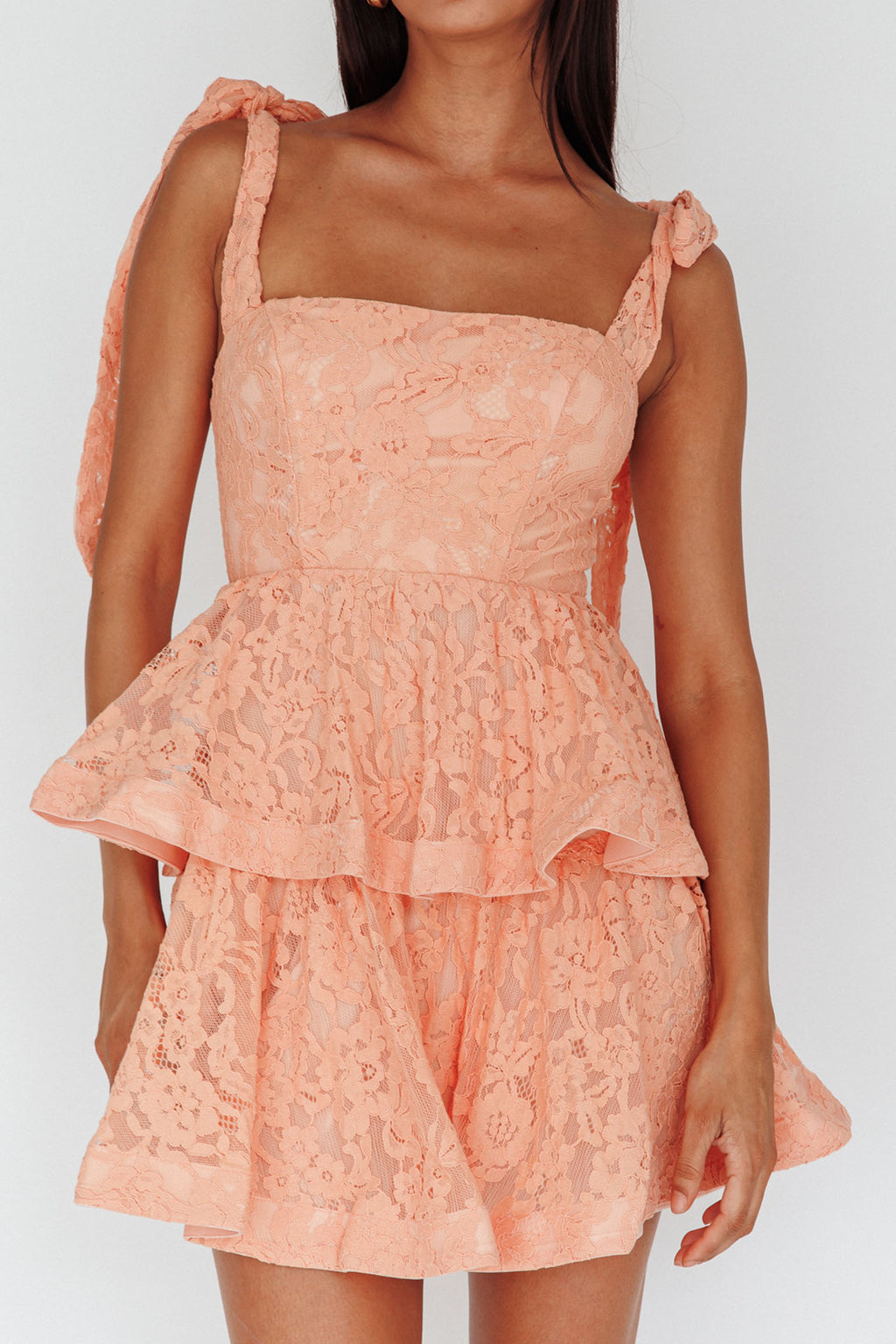 Neriah Tied Shoulder Tiered Lace Mini Dress Orange by Selfie Leslie Australia