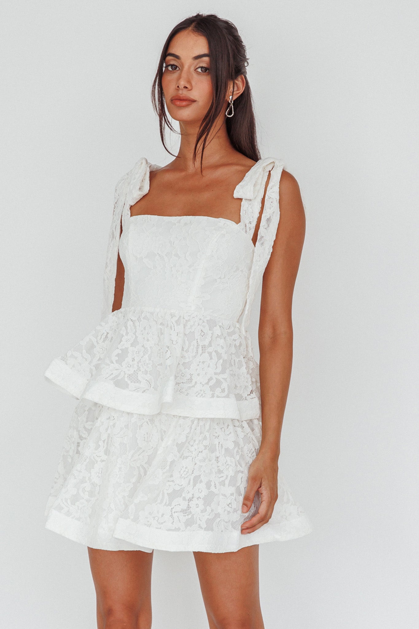 Neriah Tied Shoulder Tiered Lace Mini Dress White by Selfie Leslie Australia