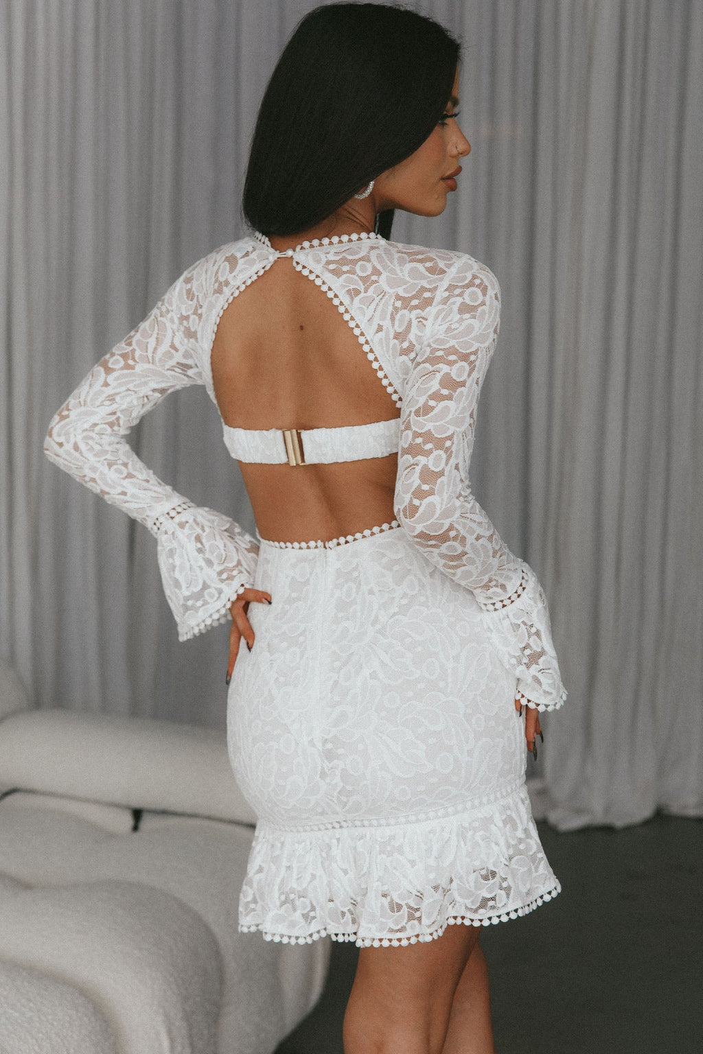 Elis Long Sleeve Buckle Dress Lace White by Selfie Leslie