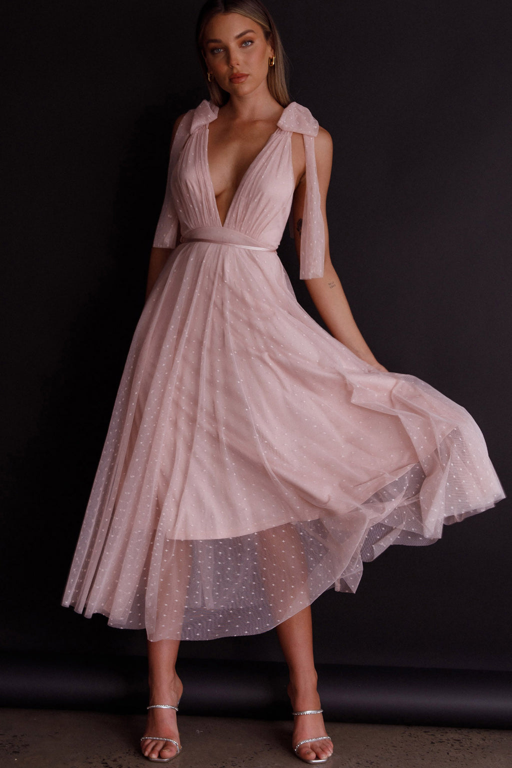 Kathryn Tied Shoulder Mesh Midi Dress Blush by Selfie Leslie