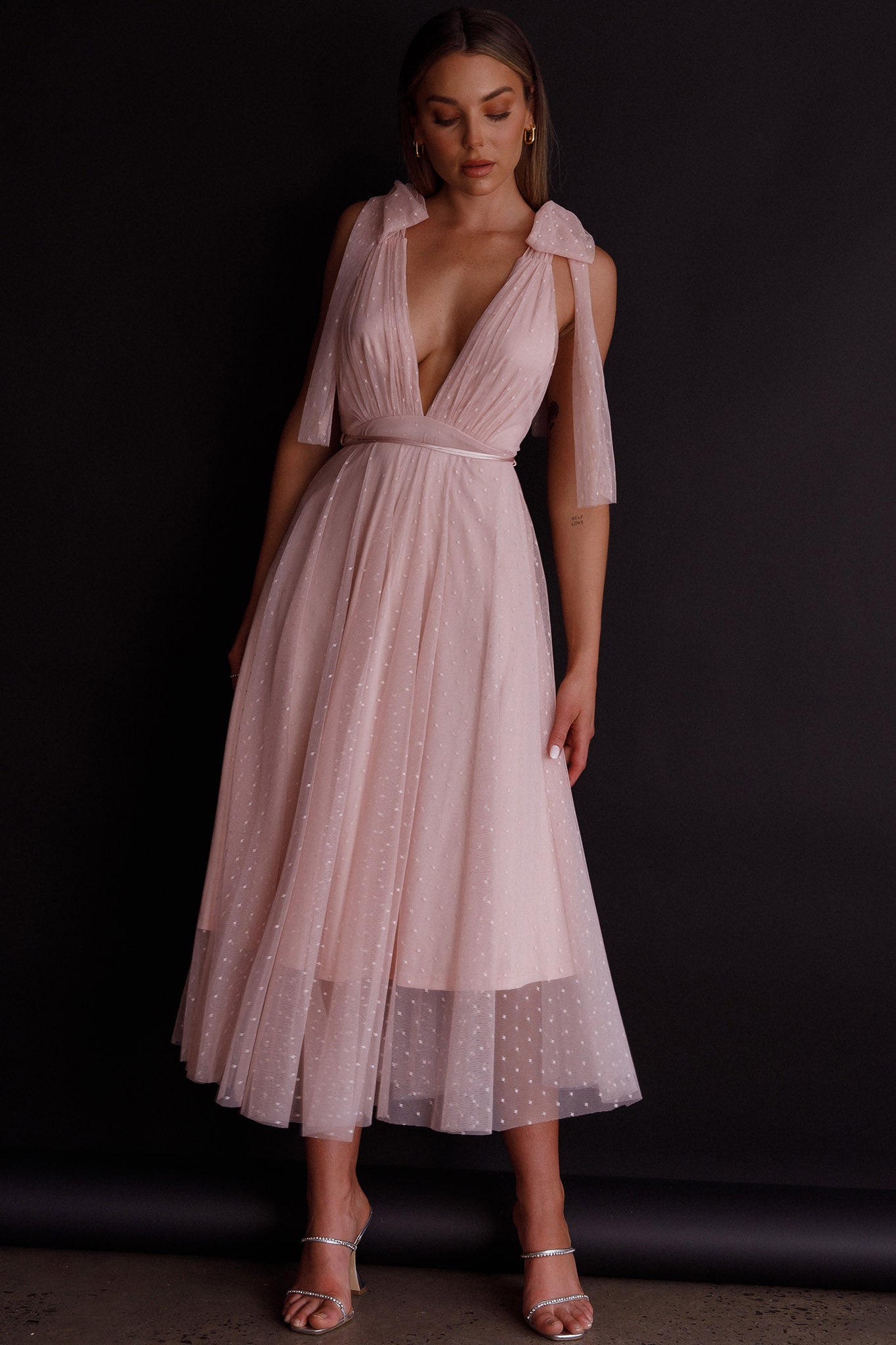 Kathryn Tied Shoulder Mesh Midi Dress Blush by Selfie Leslie