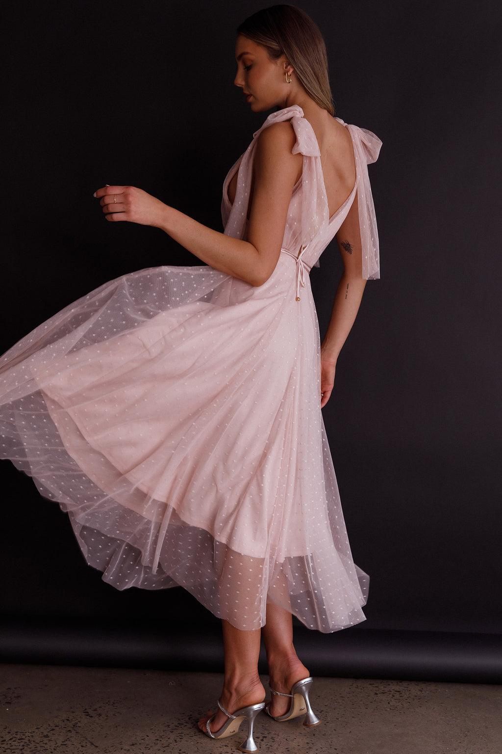 Kathryn Tied Shoulder Mesh Midi Dress Blush by Selfie Leslie