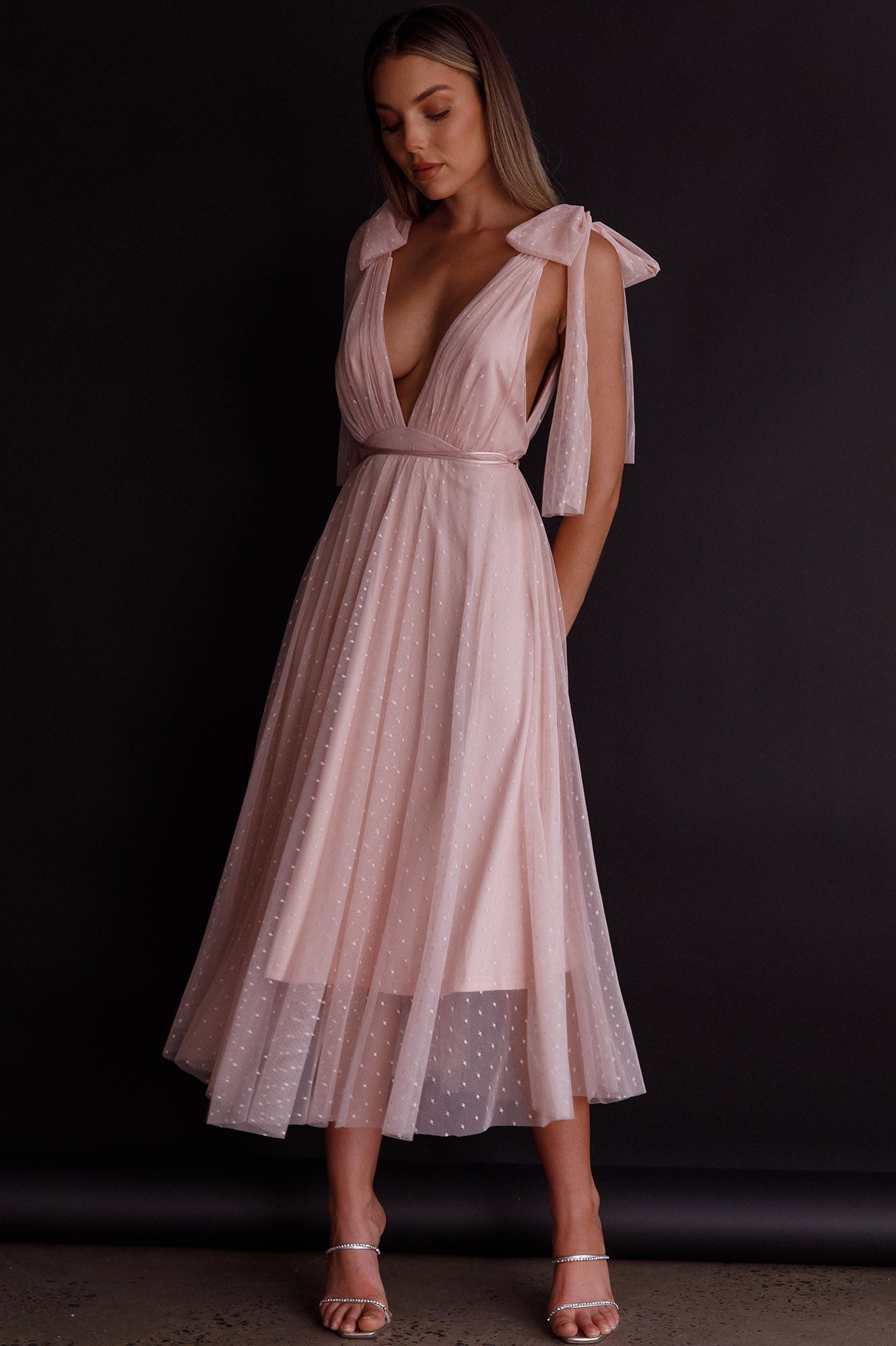 Kathryn Tied Shoulder Mesh Midi Dress Blush by Selfie Leslie