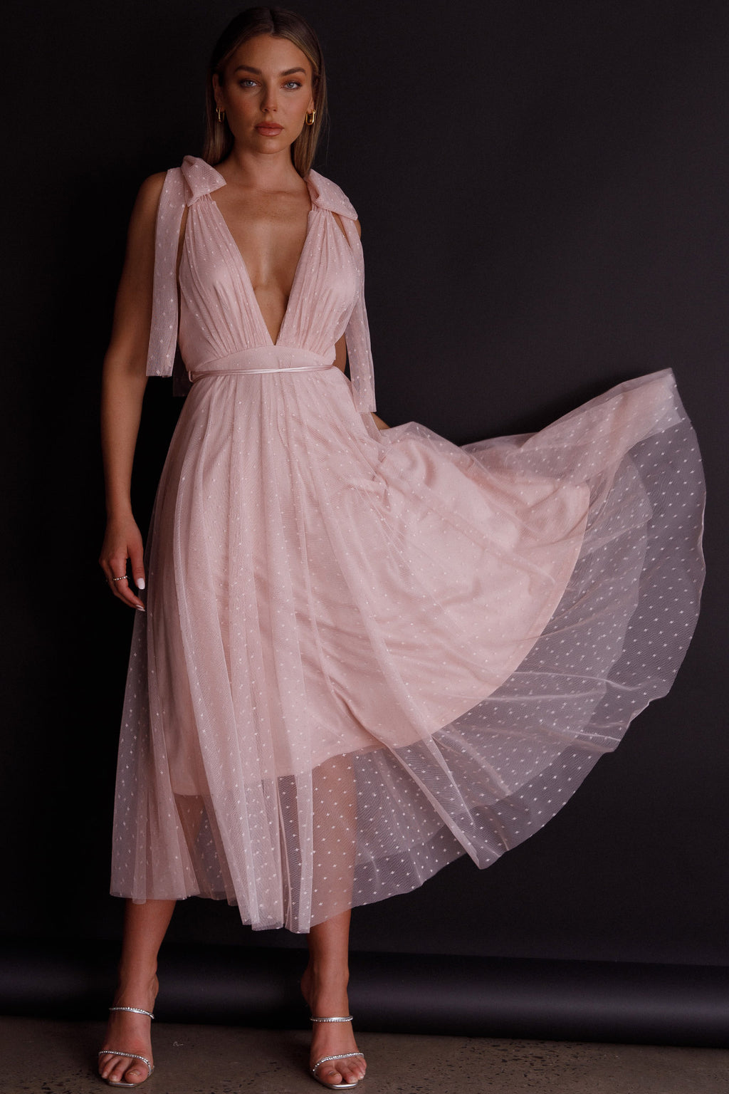 Kathryn Tied Shoulder Mesh Midi Dress Blush by Selfie Leslie