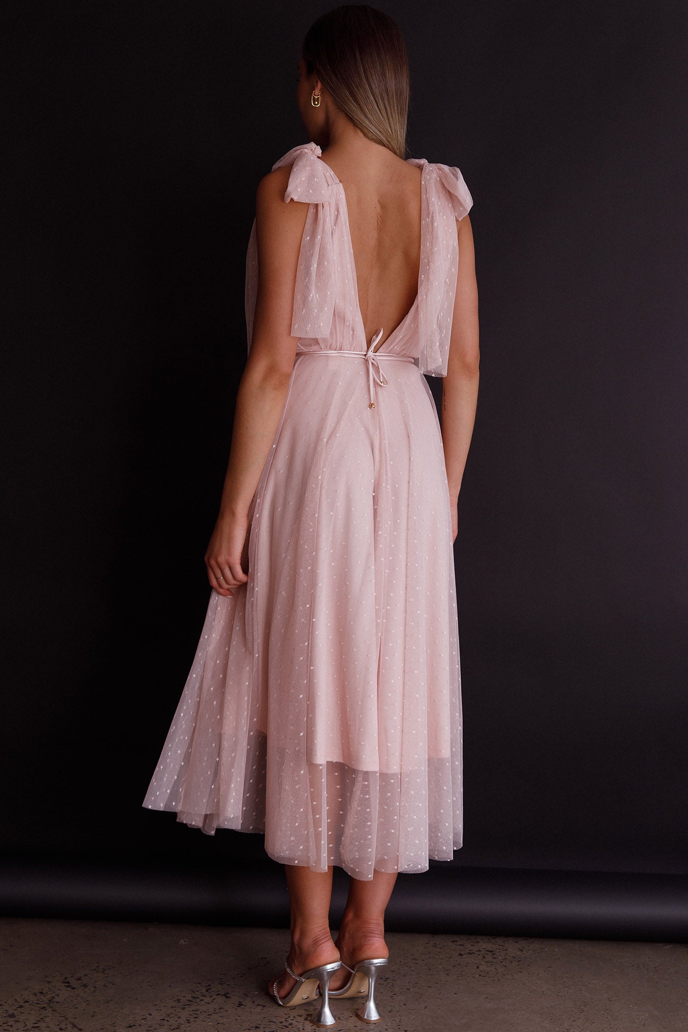 Kathryn Tied Shoulder Mesh Midi Dress Blush by Selfie Leslie