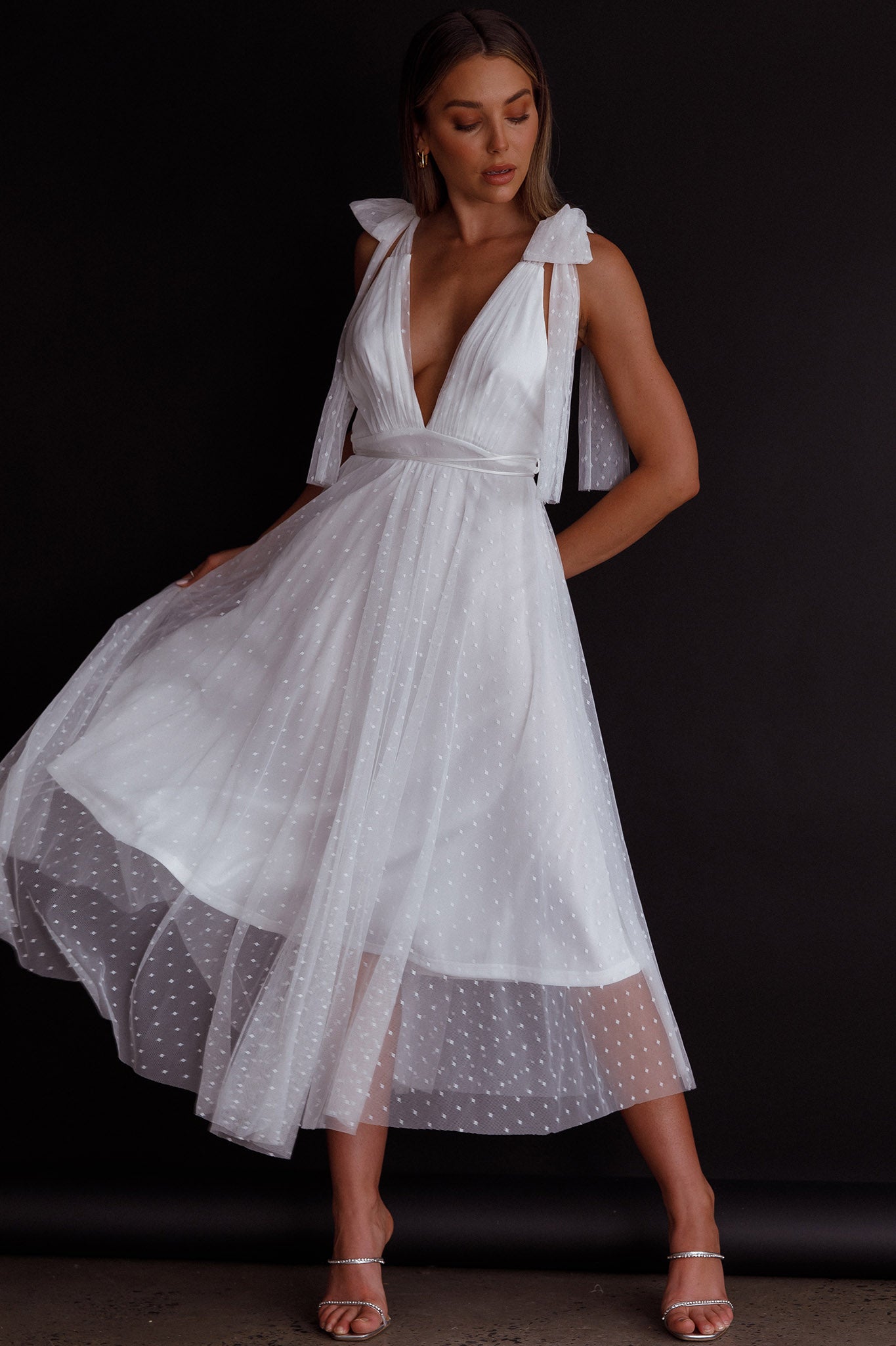 Kathryn Tied Shoulder Mesh Midi Dress White by Selfie Leslie Australia