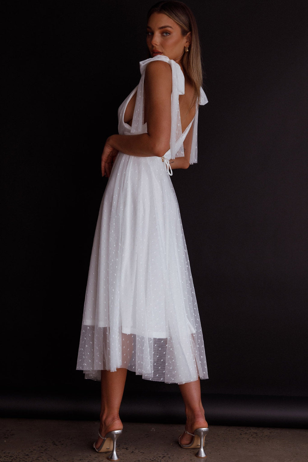 Kathryn Tied Shoulder Mesh Midi Dress White by Selfie Leslie