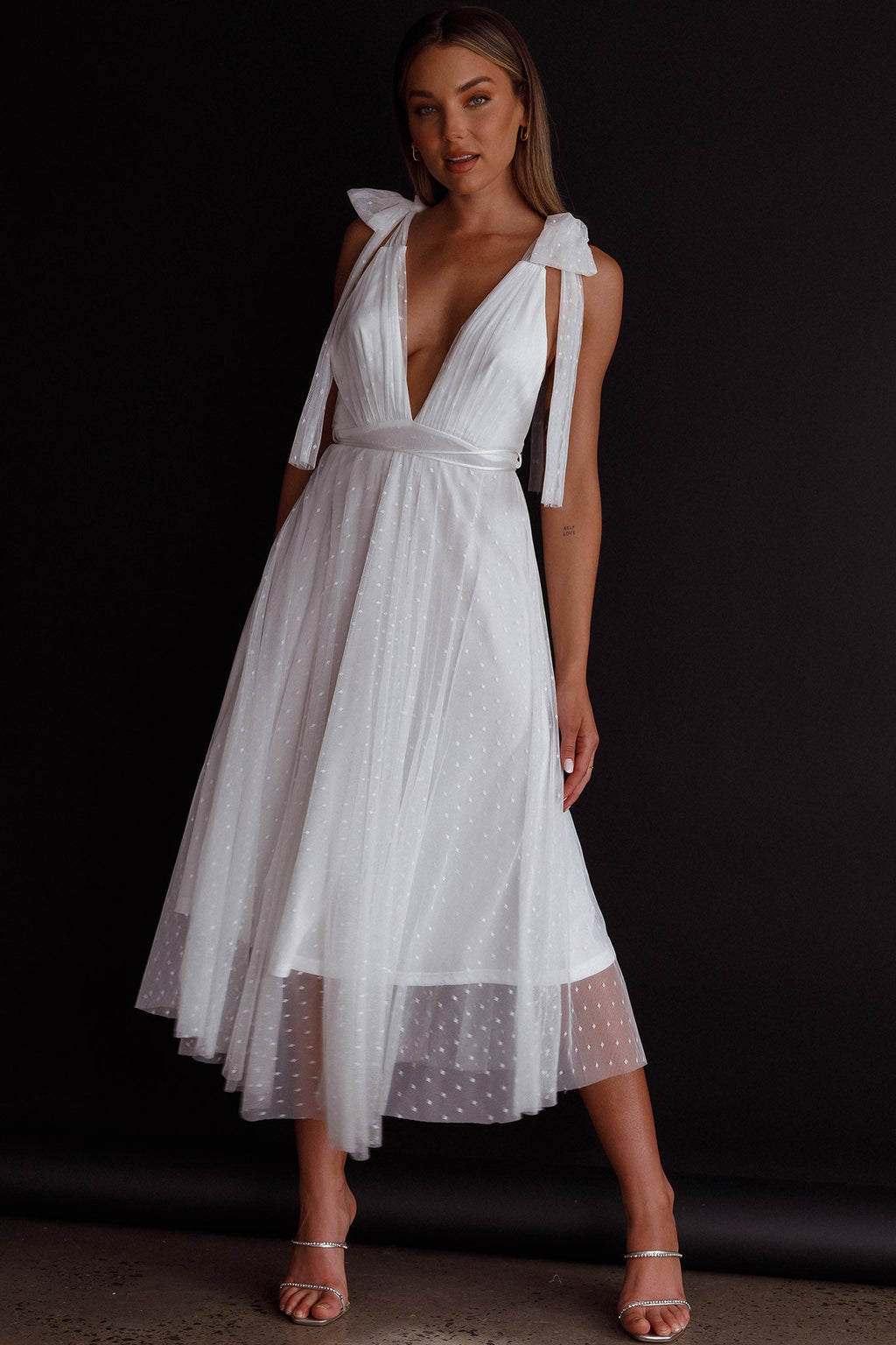 Kathryn Tied Shoulder Mesh Midi Dress White by Selfie Leslie