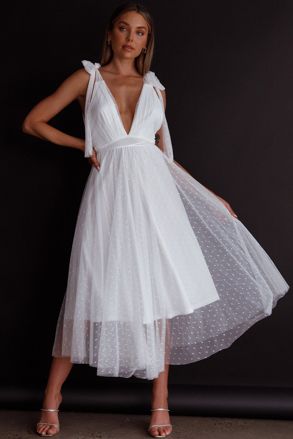 Kathryn Tied Shoulder Mesh Midi Dress White by Selfie Leslie