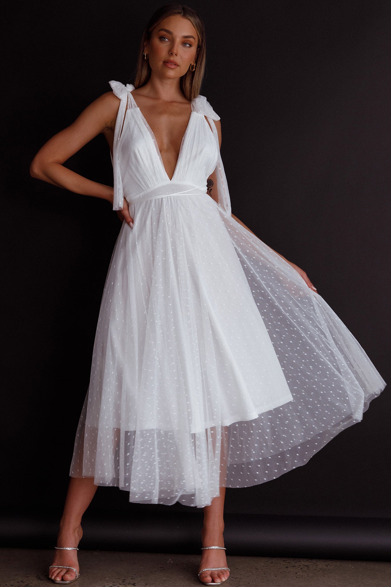 Kathryn Tied Shoulder Mesh Midi Dress White by Selfie Leslie
